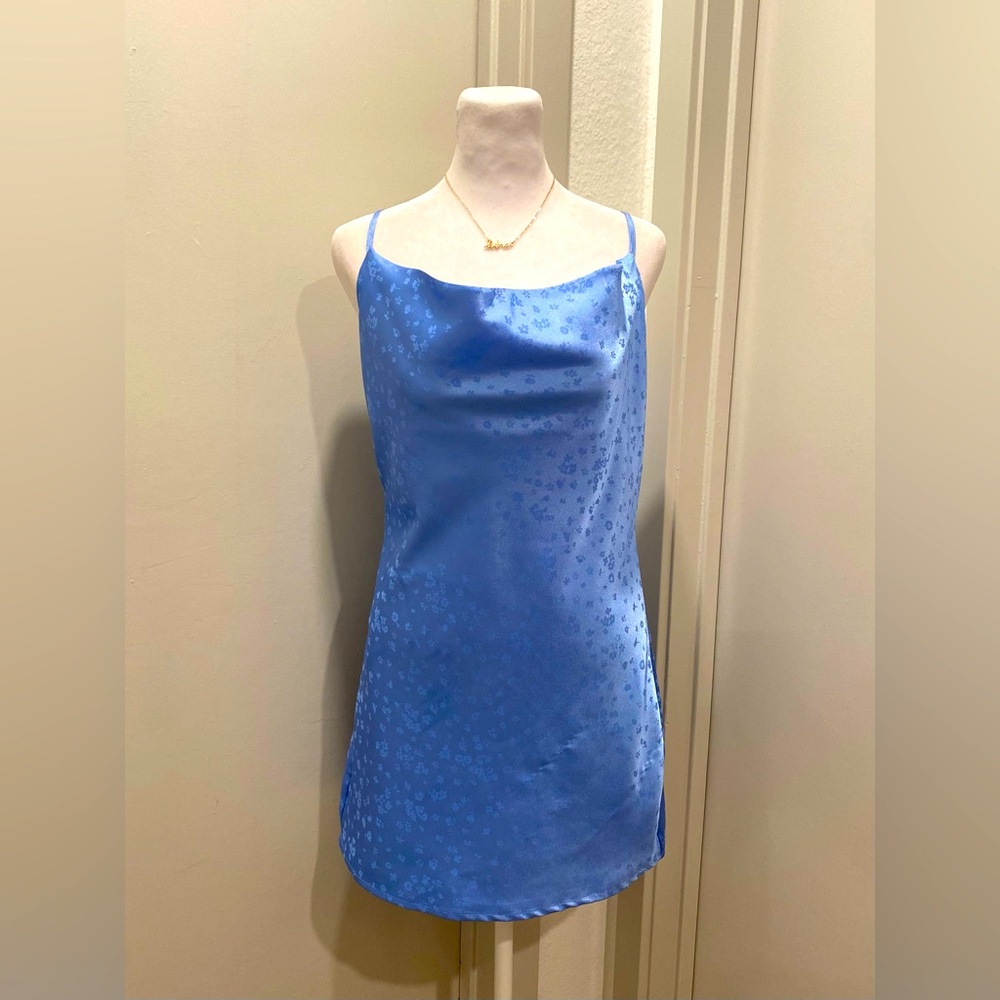 LA Hearts Light Blue Floral Cowl Neck Satin Silk Slip Cami Mini Party Dress - S